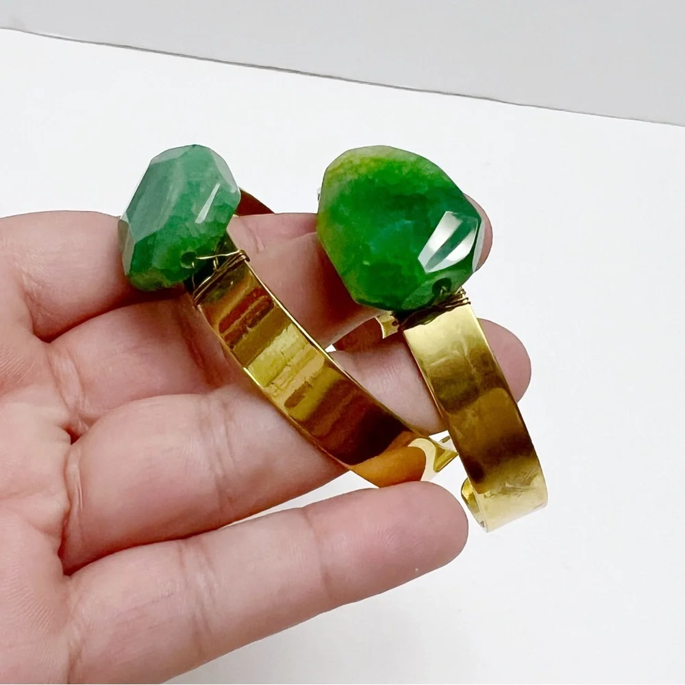 Set of 2 Goldtone Green Agate Stone Cuff Bracelets